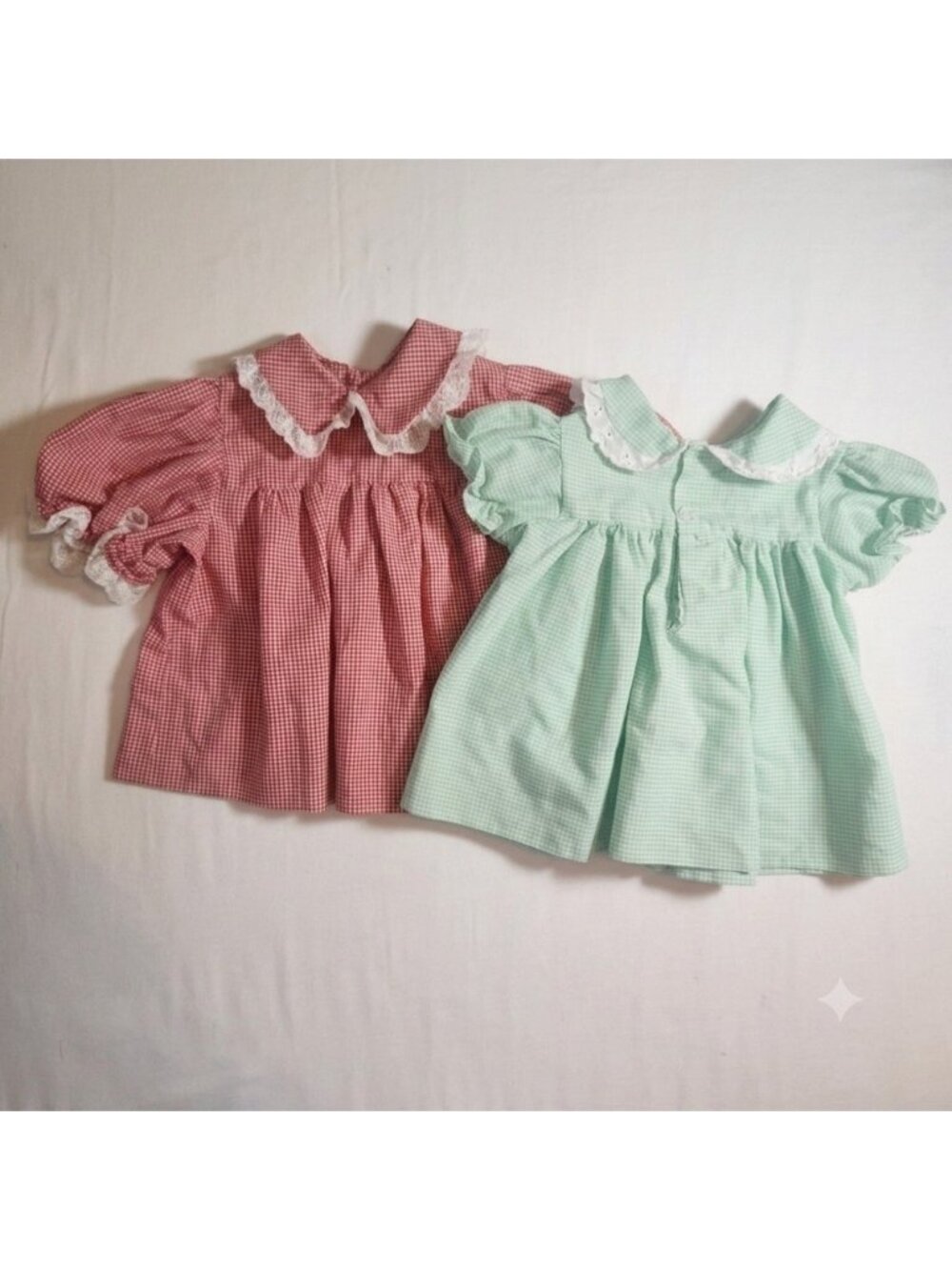 Vintage Handmade Gingham Baby Dress Set fit 6m-2y Lace peter pan collar 2pc
